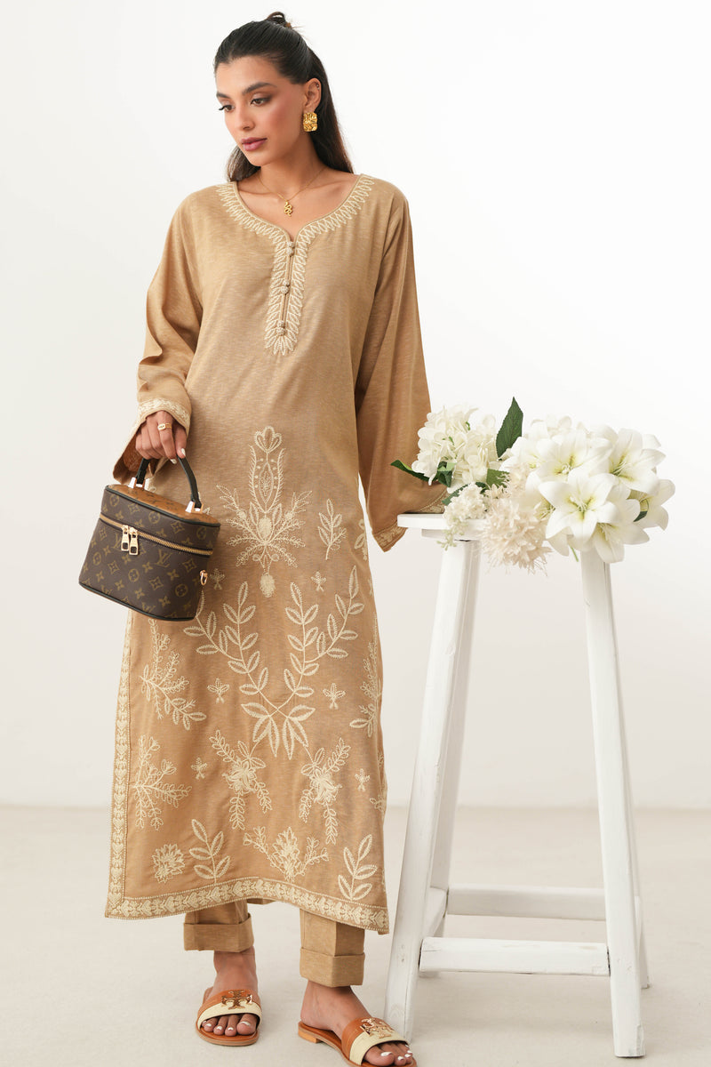 SICILY TAN LUXURY EMBROIDERED FALL SET (NPA2-24313)| ZAIB