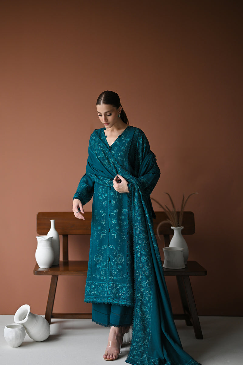 TEAL LUXURY EMBROIDERED KARANDI SET (NEL-24625)| ZAIB