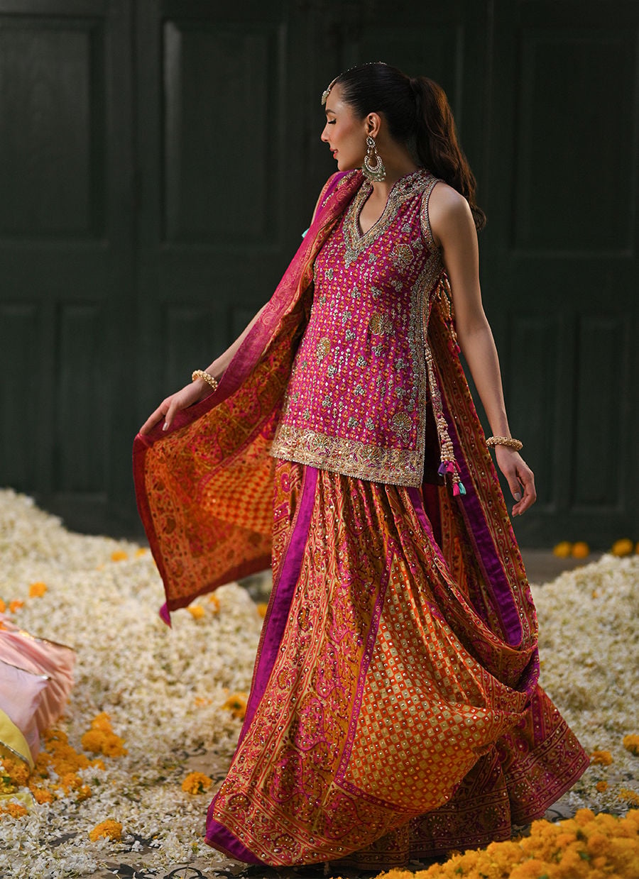 Ayala Magenta Pink Block Printed Shirt Dupatta And Lengha | FARAH TALIB AZIZ