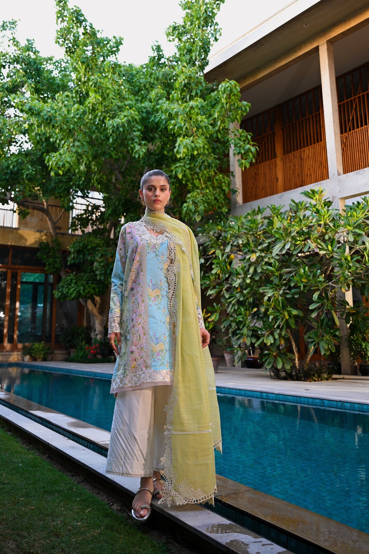 WHISPERS OF SUMMER / PISTACHIO LUXURY PRINTED EMBROIDERED LAWN SET (NEL-25620) | ZAIB