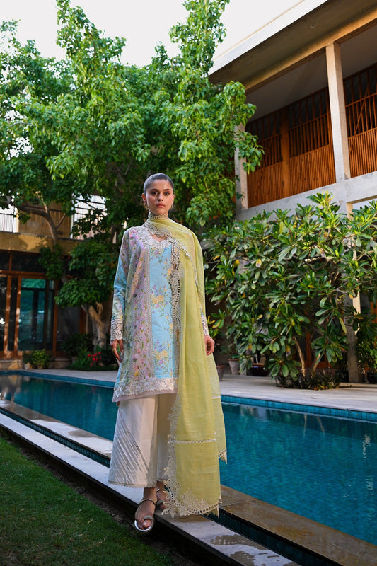 WHISPERS OF SUMMER / PISTACHIO LUXURY PRINTED EMBROIDERED LAWN SET (NEL-25620) | ZAIB