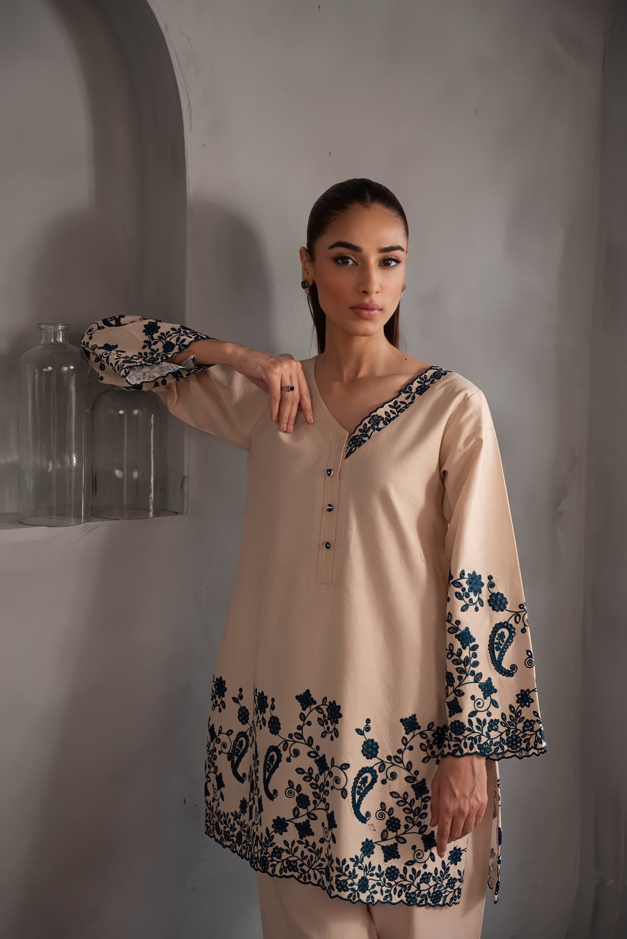 BEIGE & BLUE MINI EMBROIDERED SET |ZAIB