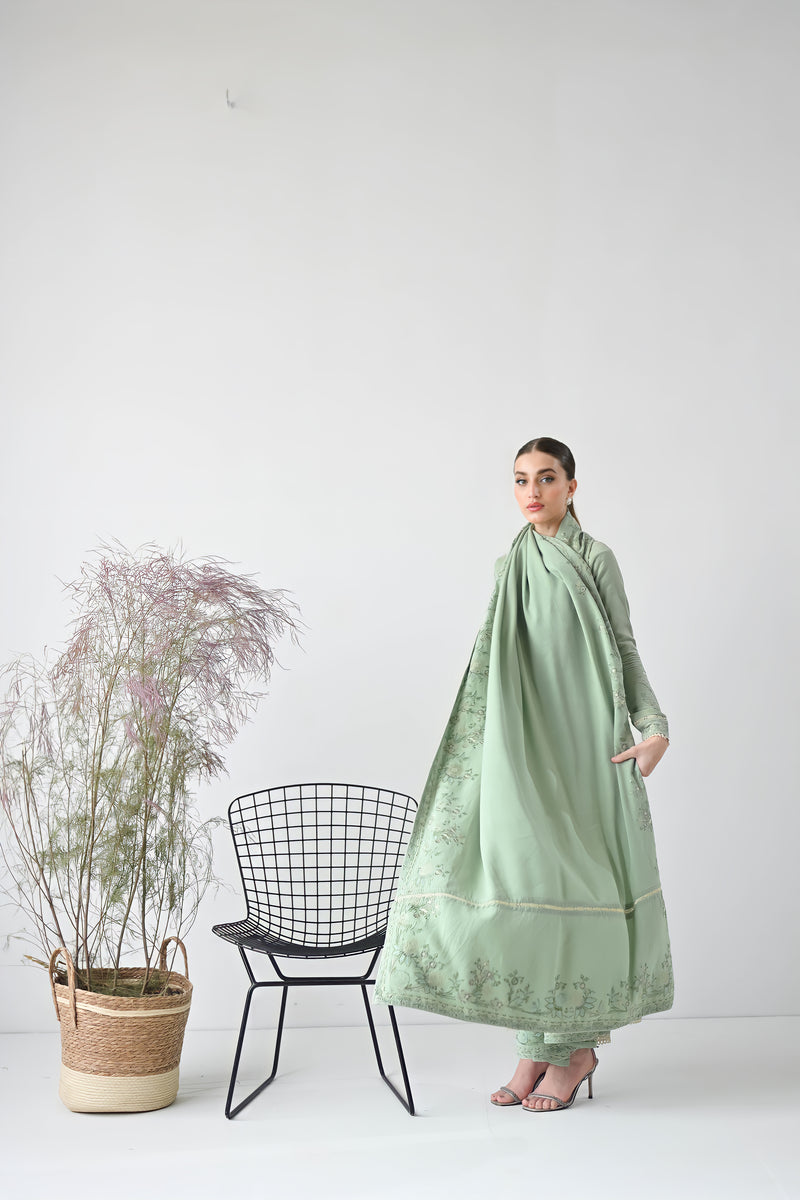 GLACIAL PASTEL GREEN LUXURY EMBROIDERED KARANDI SET (NEL-24627)| ZAIB