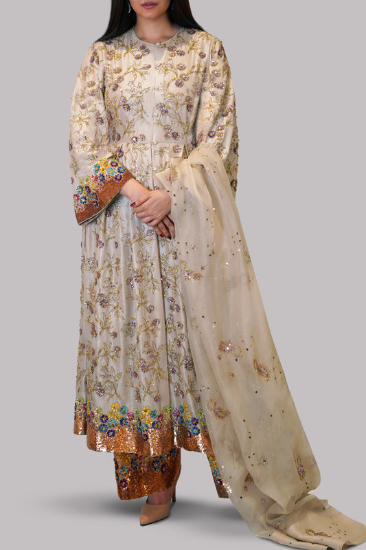White Swan Embellished Raw Silk Set | Muse Luxe