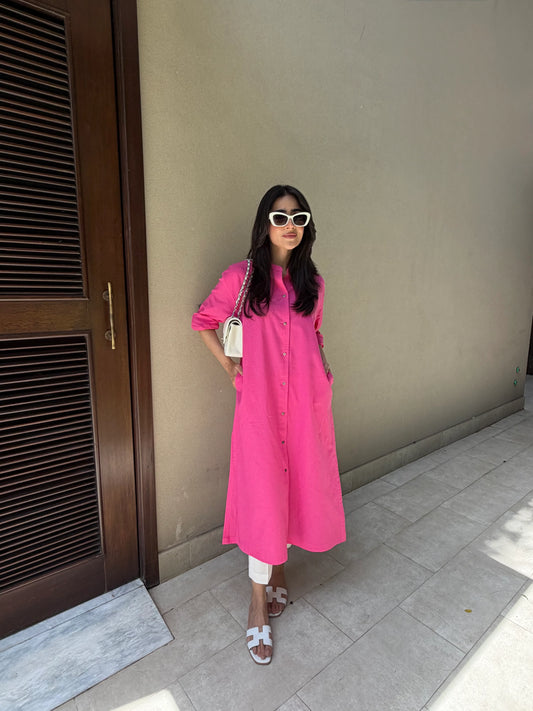 Oversized Linen Shirt Dress in Hot Pink | Sak Atelier