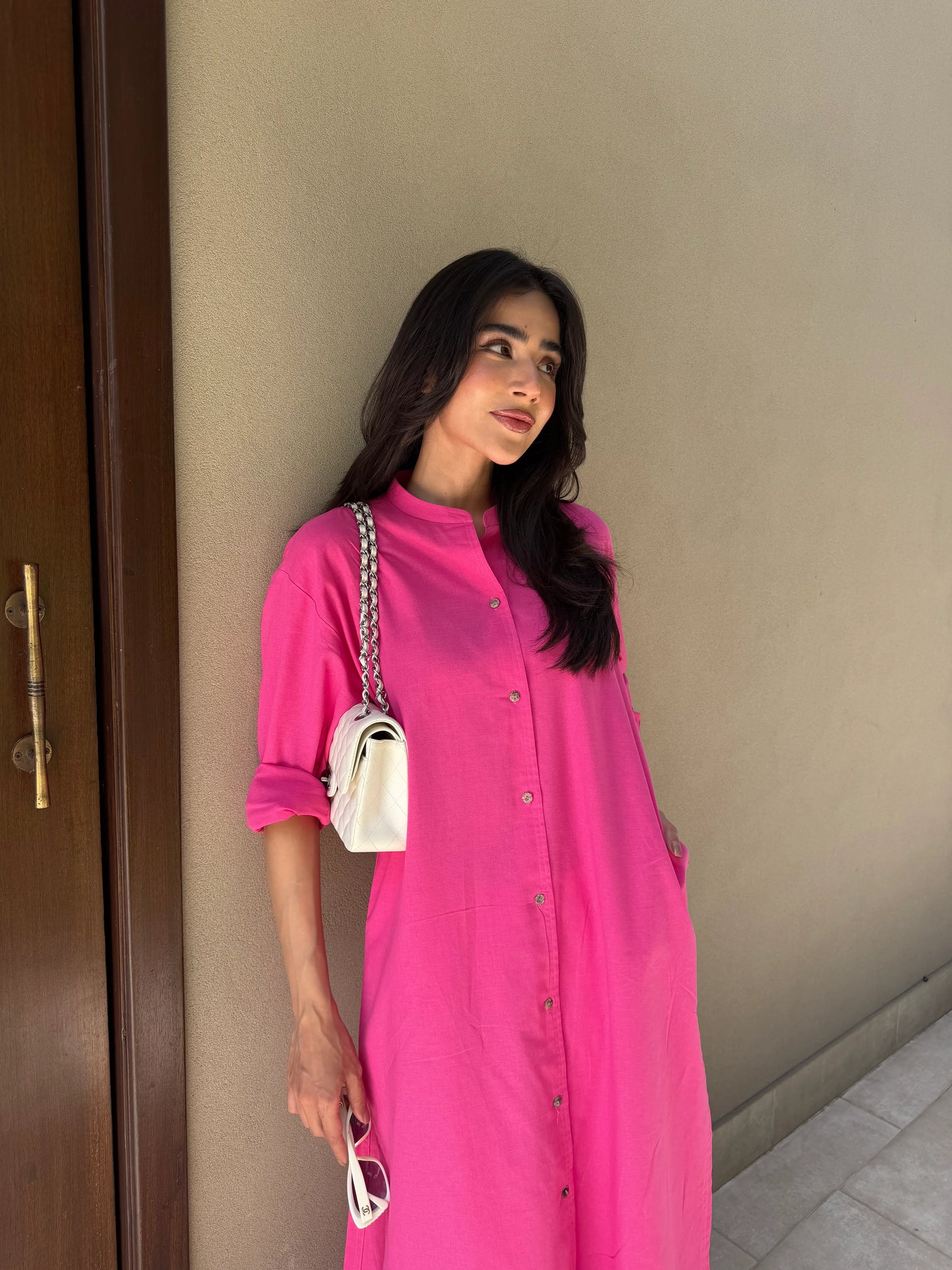 Oversized Linen Shirt Dress in Hot Pink | Sak Atelier