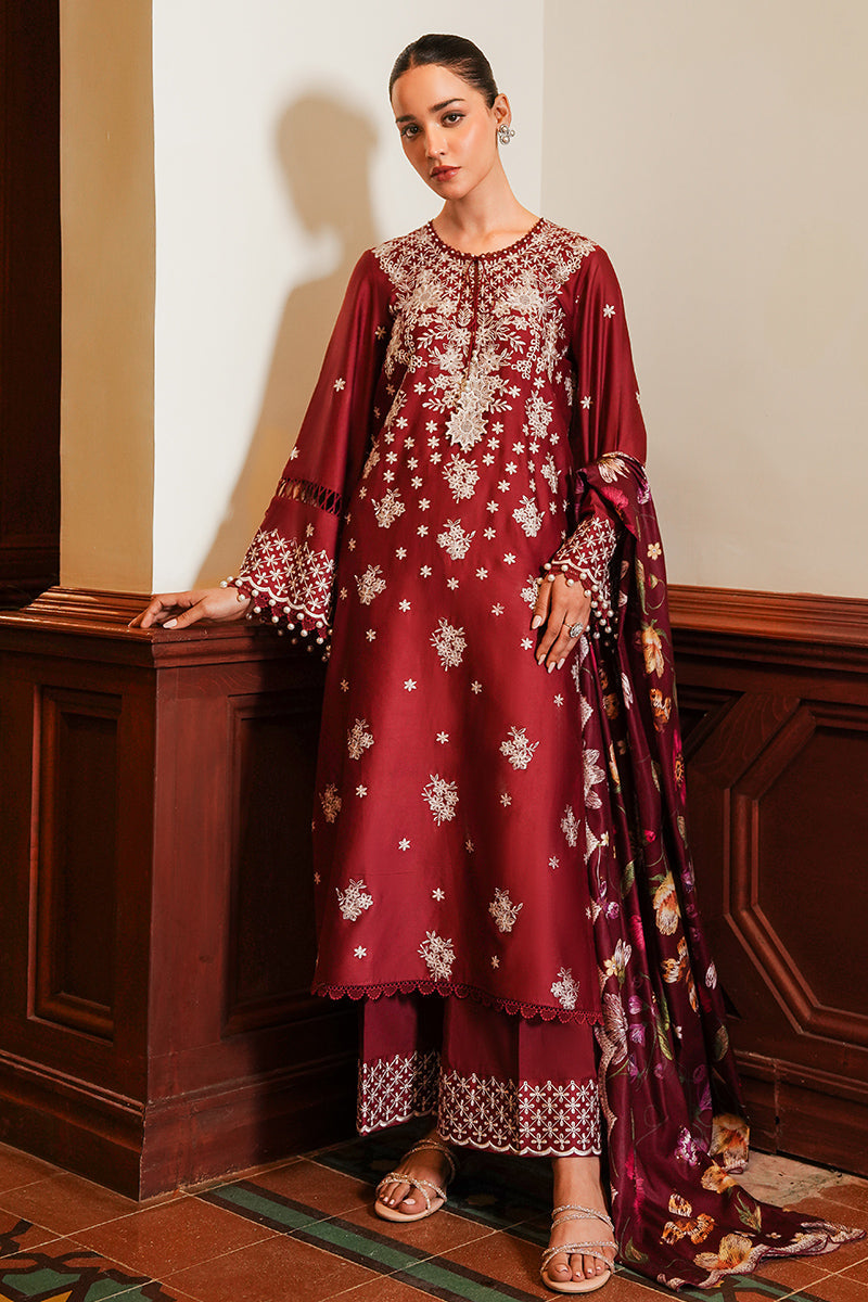 DEEP BERRY-3PC SATIN EMBROIDERED SUIT| Cross Stitch