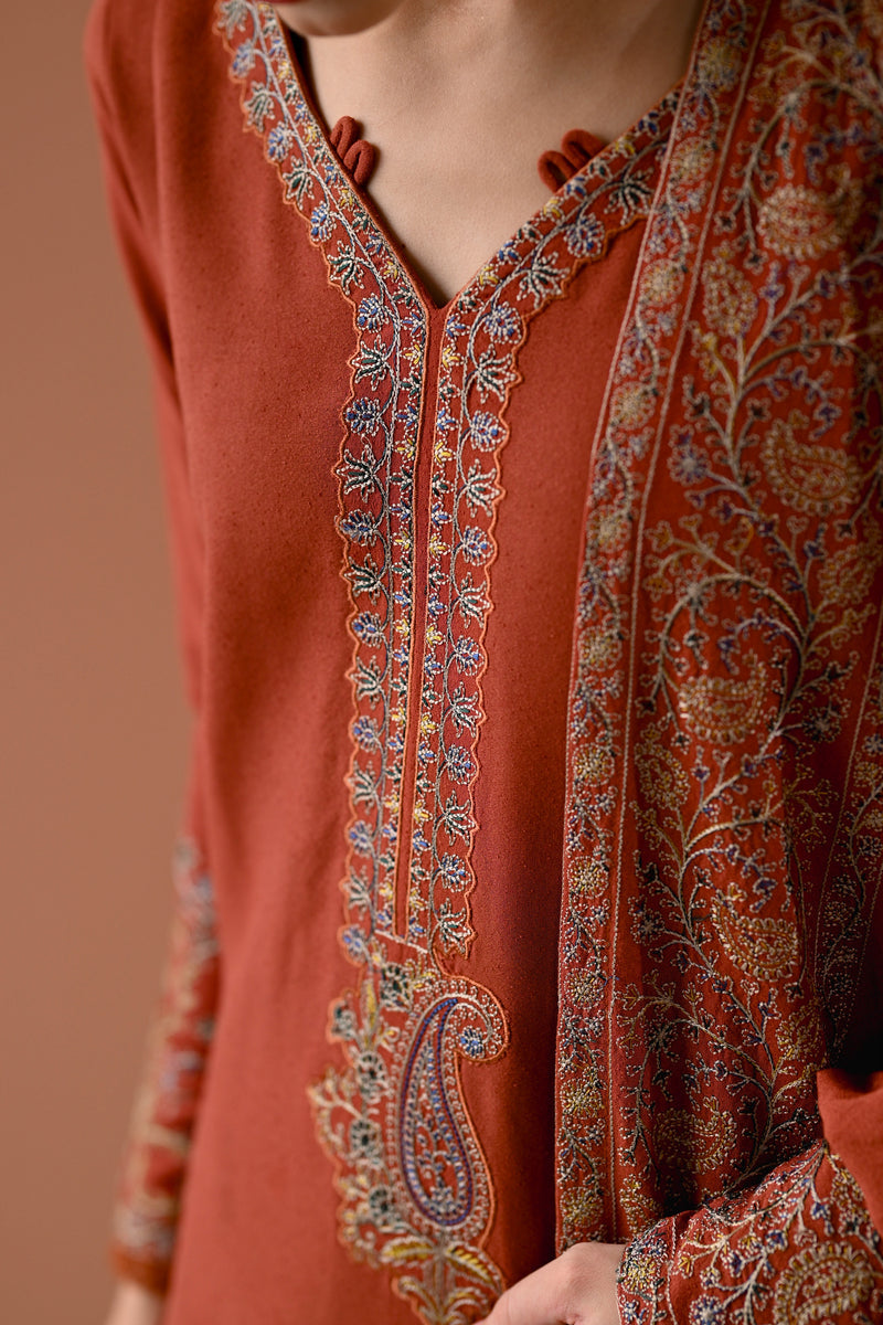 DEEP RUST LUXURY EMBROIDERED KARANDI SET (NEL-24634) | ZAIB