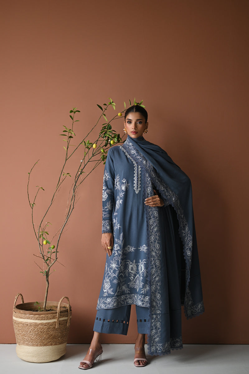 BLUE SLATE GREY LUXURY EMBROIDERED KARANDI SET (NEL-24630)| ZAIB