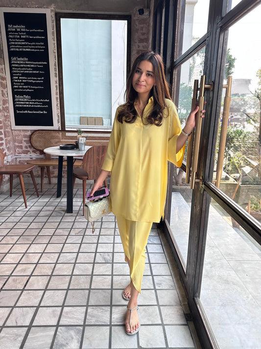 BUTTER YELLOW TOBY TUNIC WITH TULIP SHALWAR | Sak Atelier