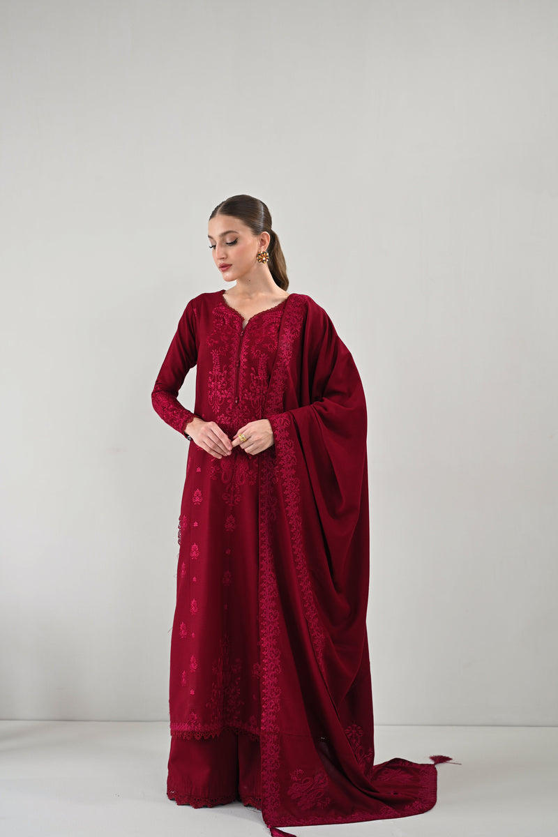 RICH MAROON LUXURY EMBROIDERED KARANDI SET (NEL-24629) | ZAIB