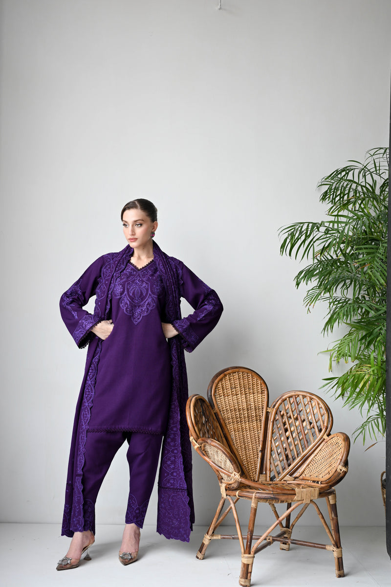 DEEP PURPLE LUXURY EMBROIDERED KARANDI SET (NEL-24633) | ZAIB