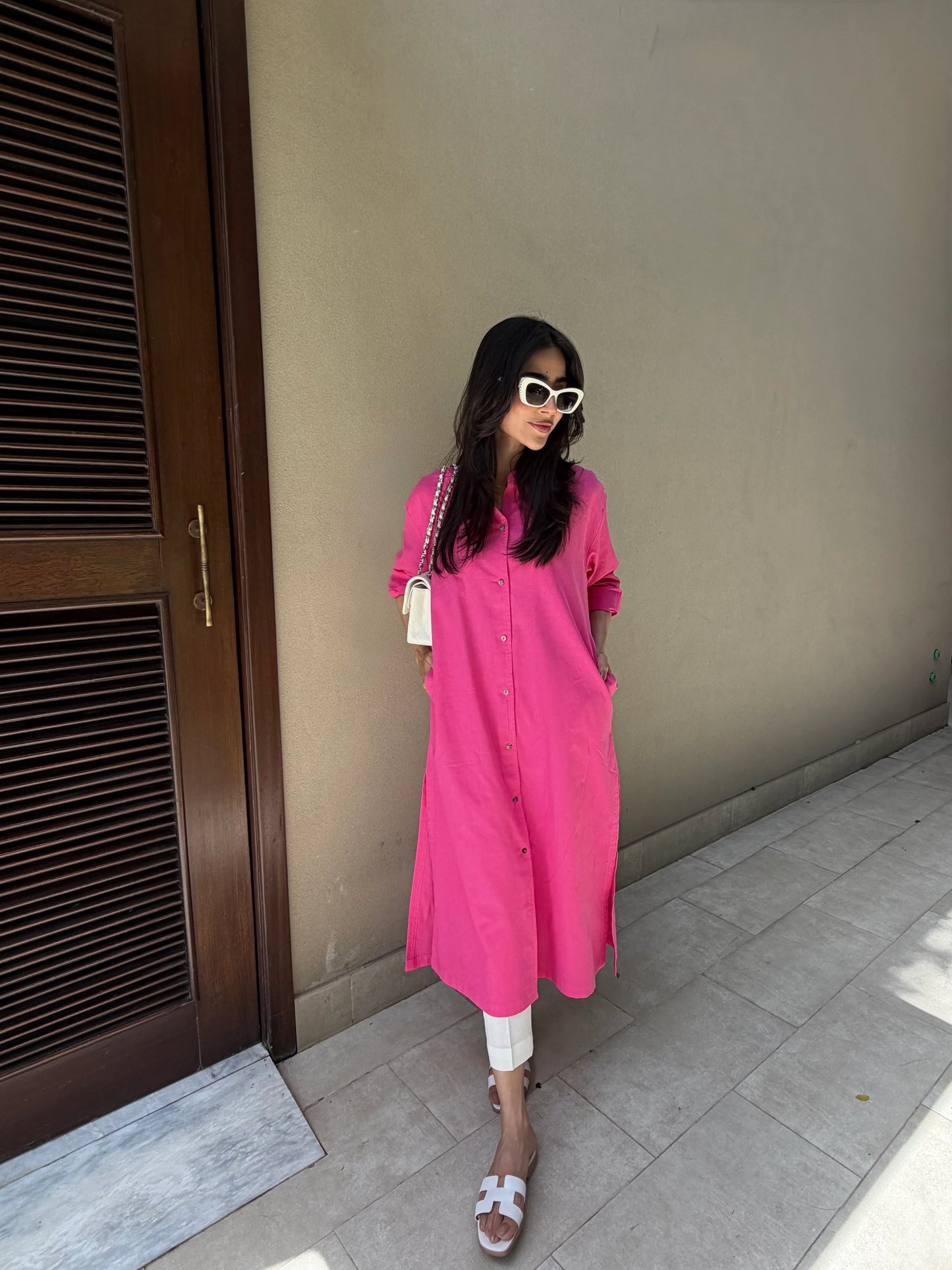 Oversized Linen Shirt Dress in Hot Pink | Sak Atelier