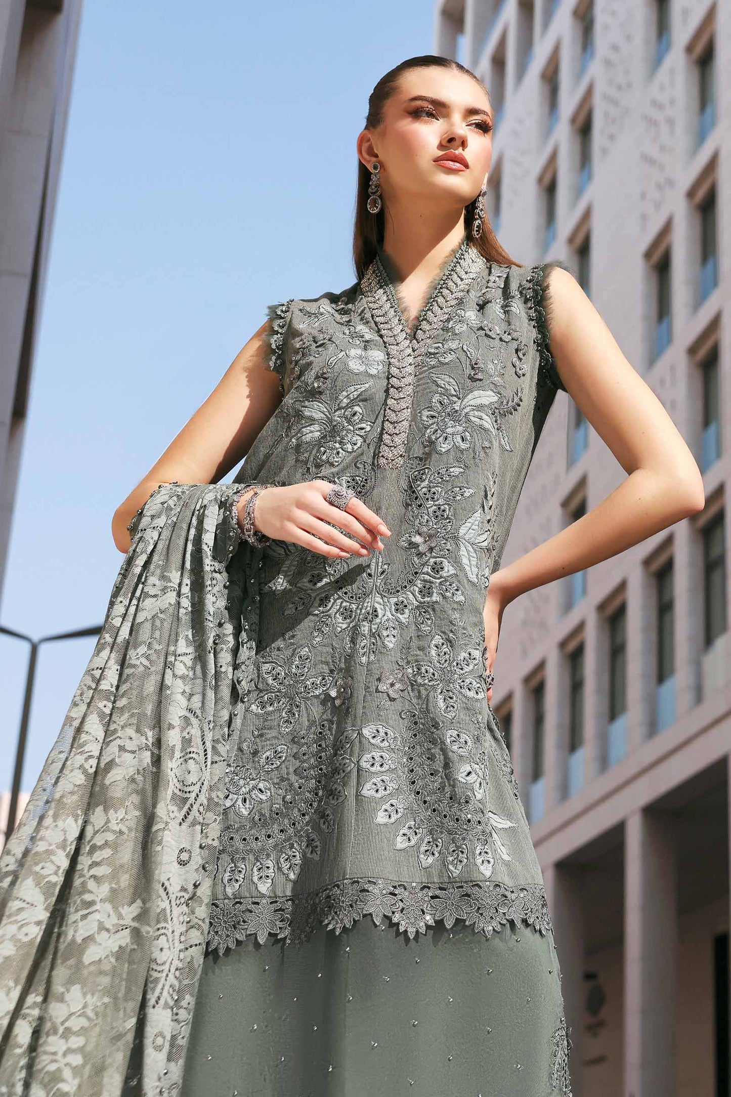 D-2603-B | 3 Piece Unstitched Embroidered Lawn Karandi Suit | MARIA.B