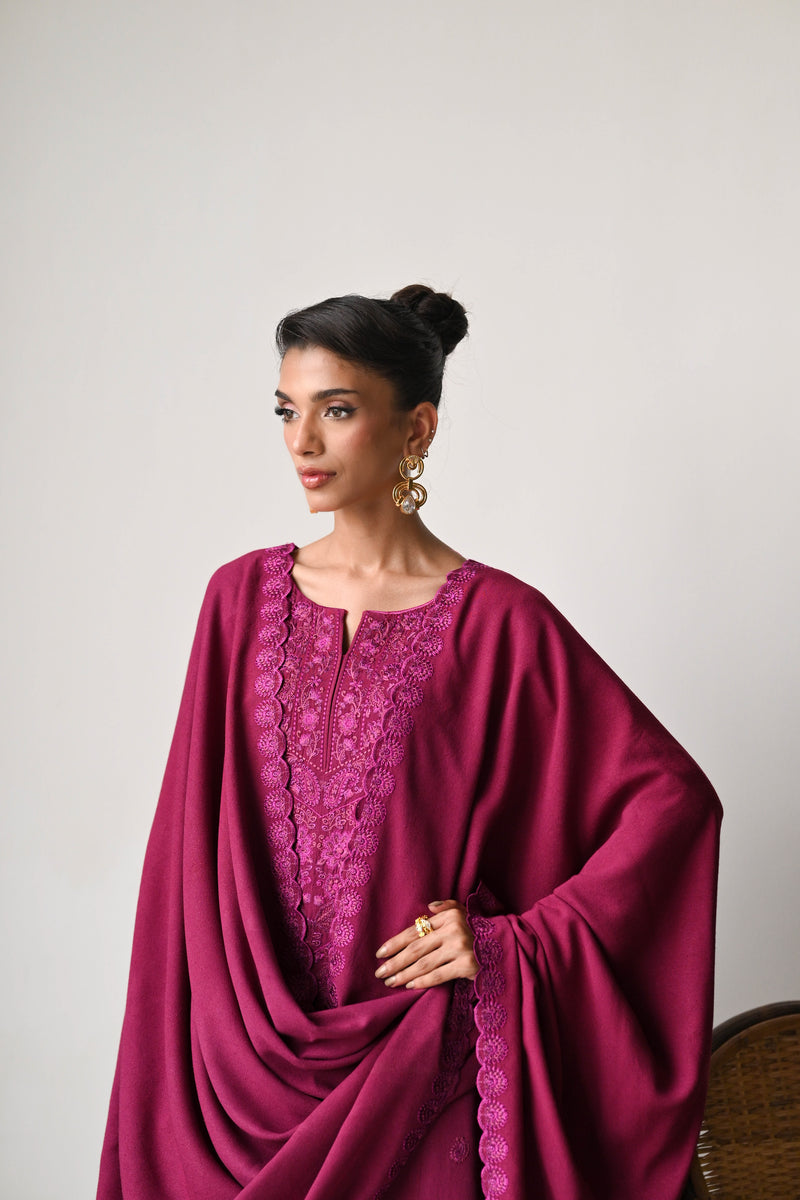 DEEP BERRY LUXURY EMBROIDERED KARANDI SET (NEL-24631) | ZAIB