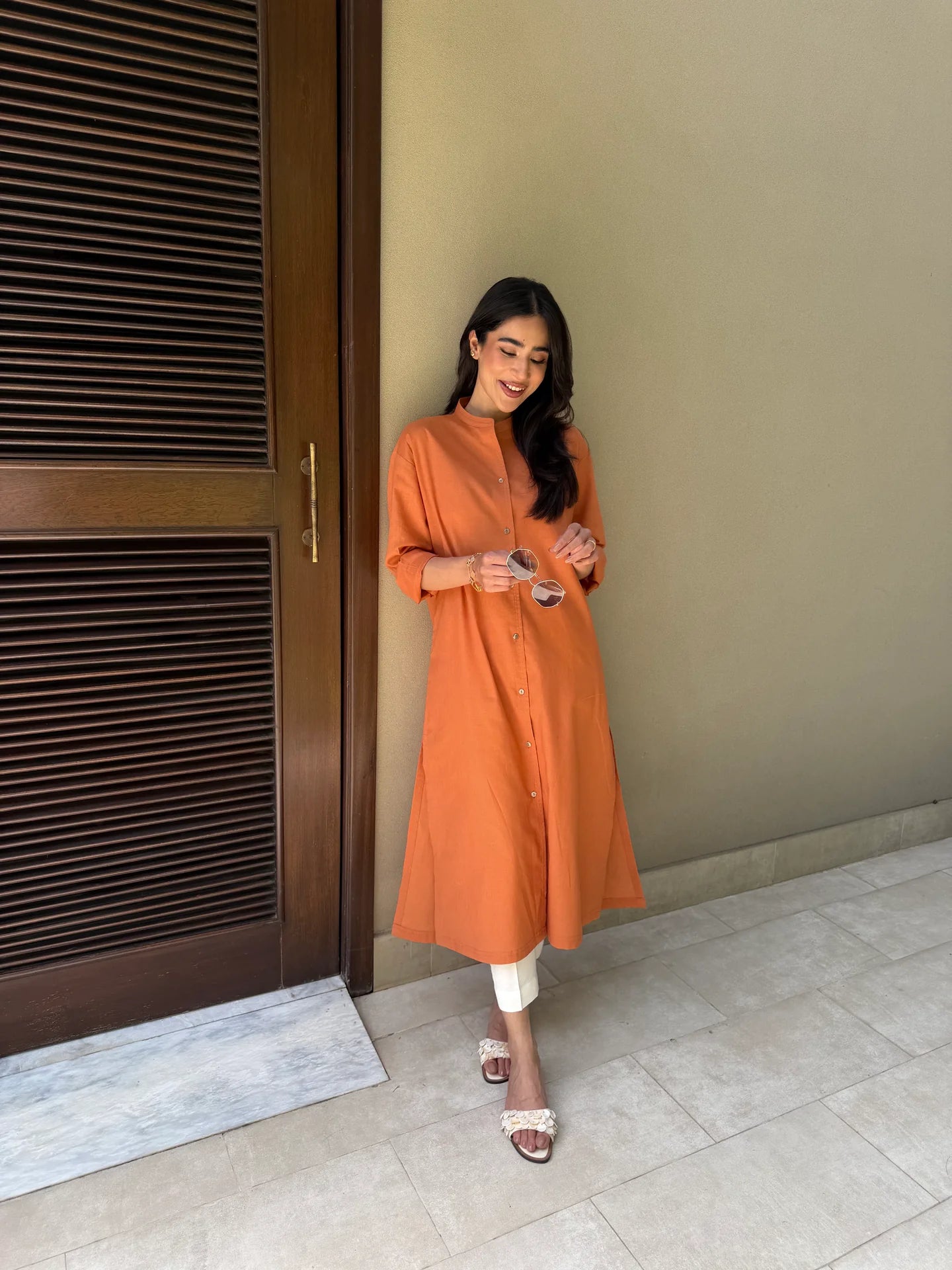 Oversized Linen Shirt Dress in Tangerine | Sak Atelier