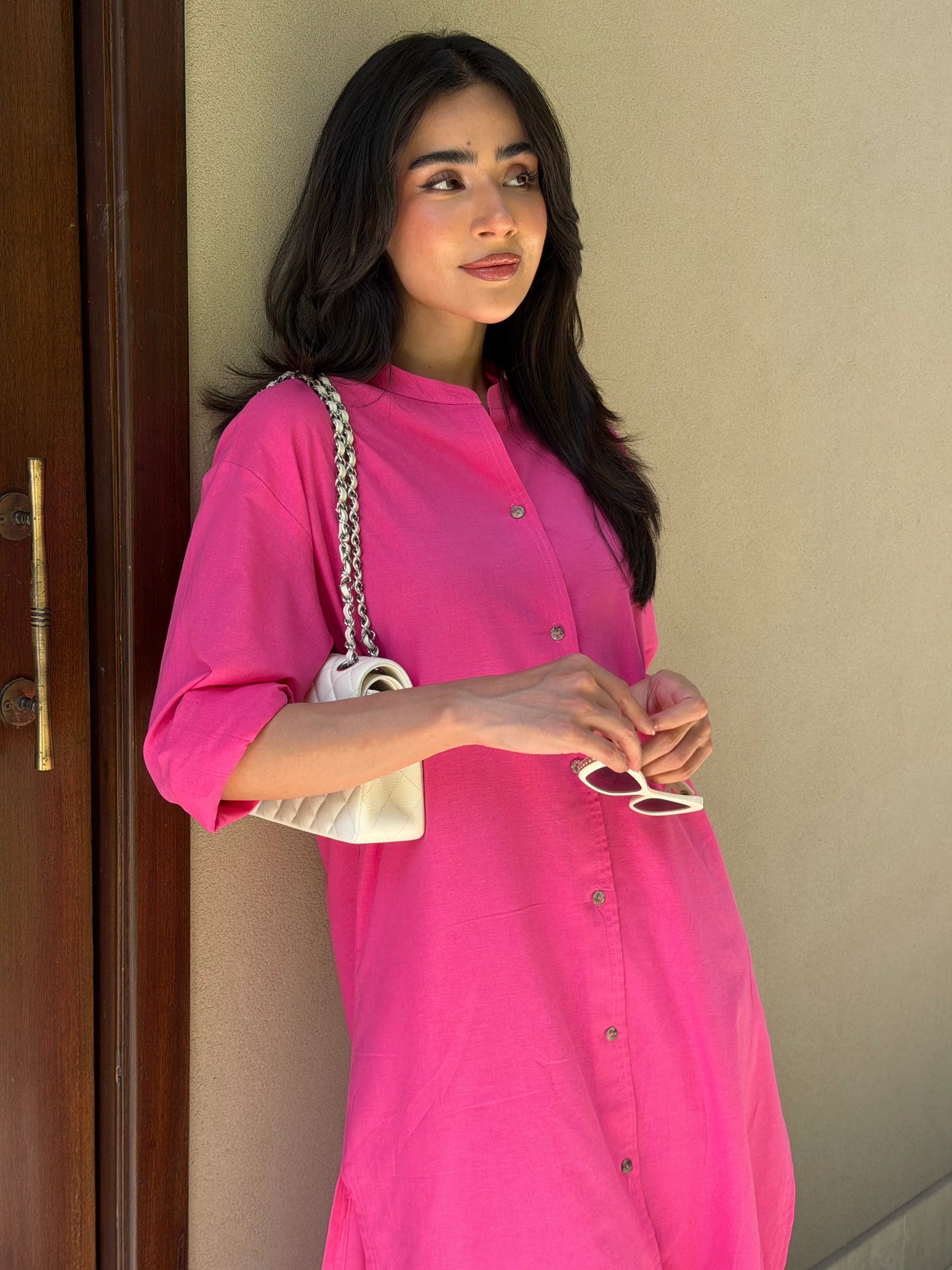 Oversized Linen Shirt Dress in Hot Pink | Sak Atelier
