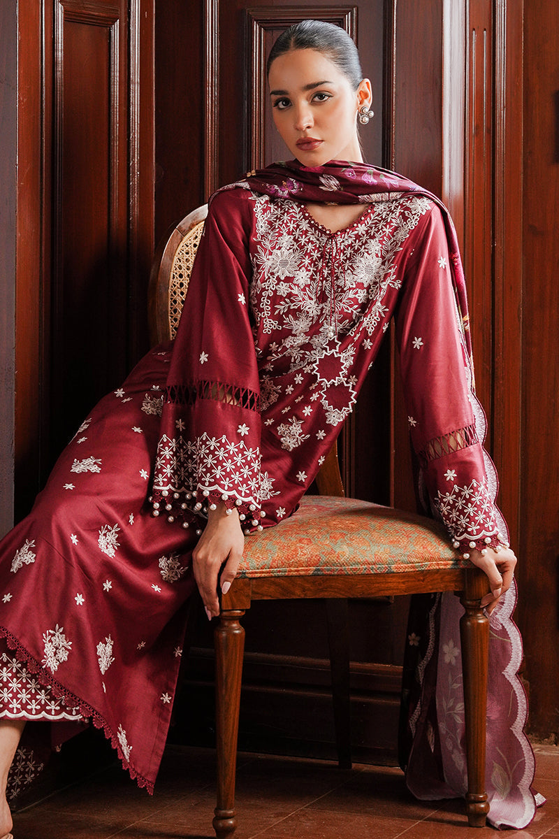 DEEP BERRY-3PC SATIN EMBROIDERED SUIT| Cross Stitch