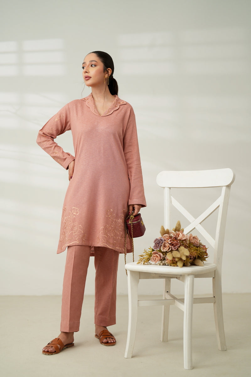 TEA PINK LUXURY EMBROIDERED FALL SET (NPA2-24318) | ZAIB