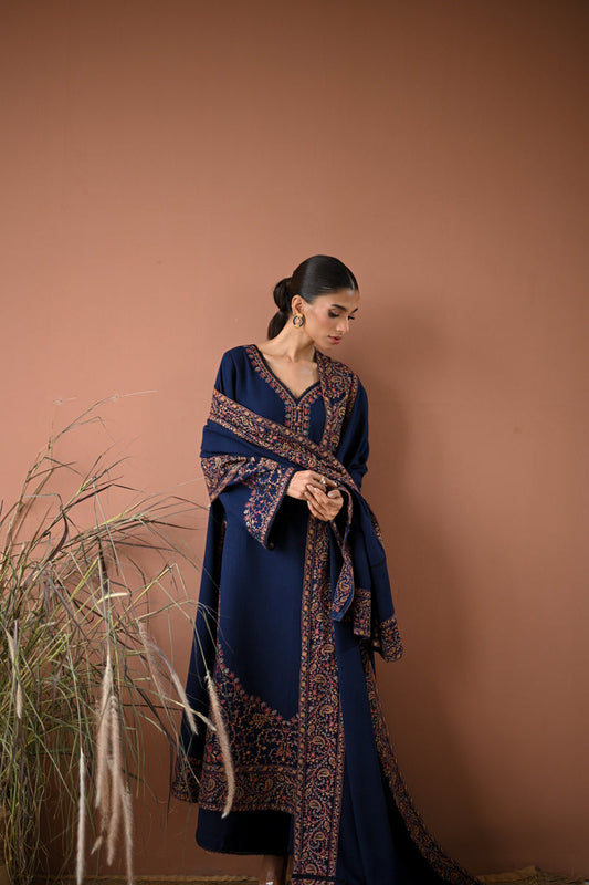 DEEP NAVY LUXURY EMBROIDERED KARANDI SET (NEL-24635) | ZAIB