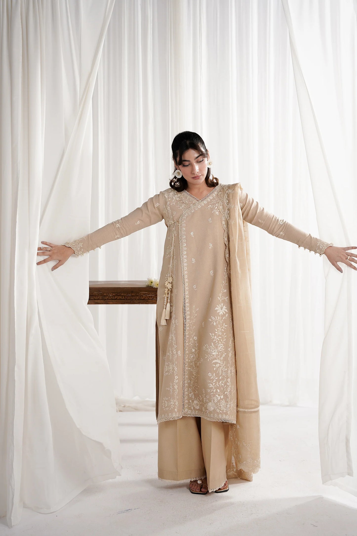 SAND BEIGE LUXURY EMBROIDERED 3PCS SET NPA3-25419 (EID 2025 READY TO WEAR) | ZAIB