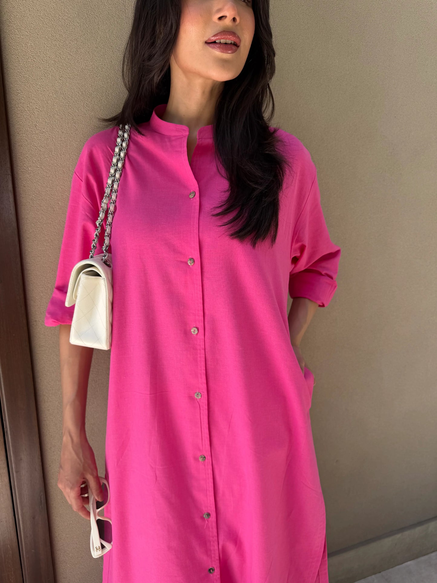 Oversized Linen Shirt Dress in Hot Pink | Sak Atelier
