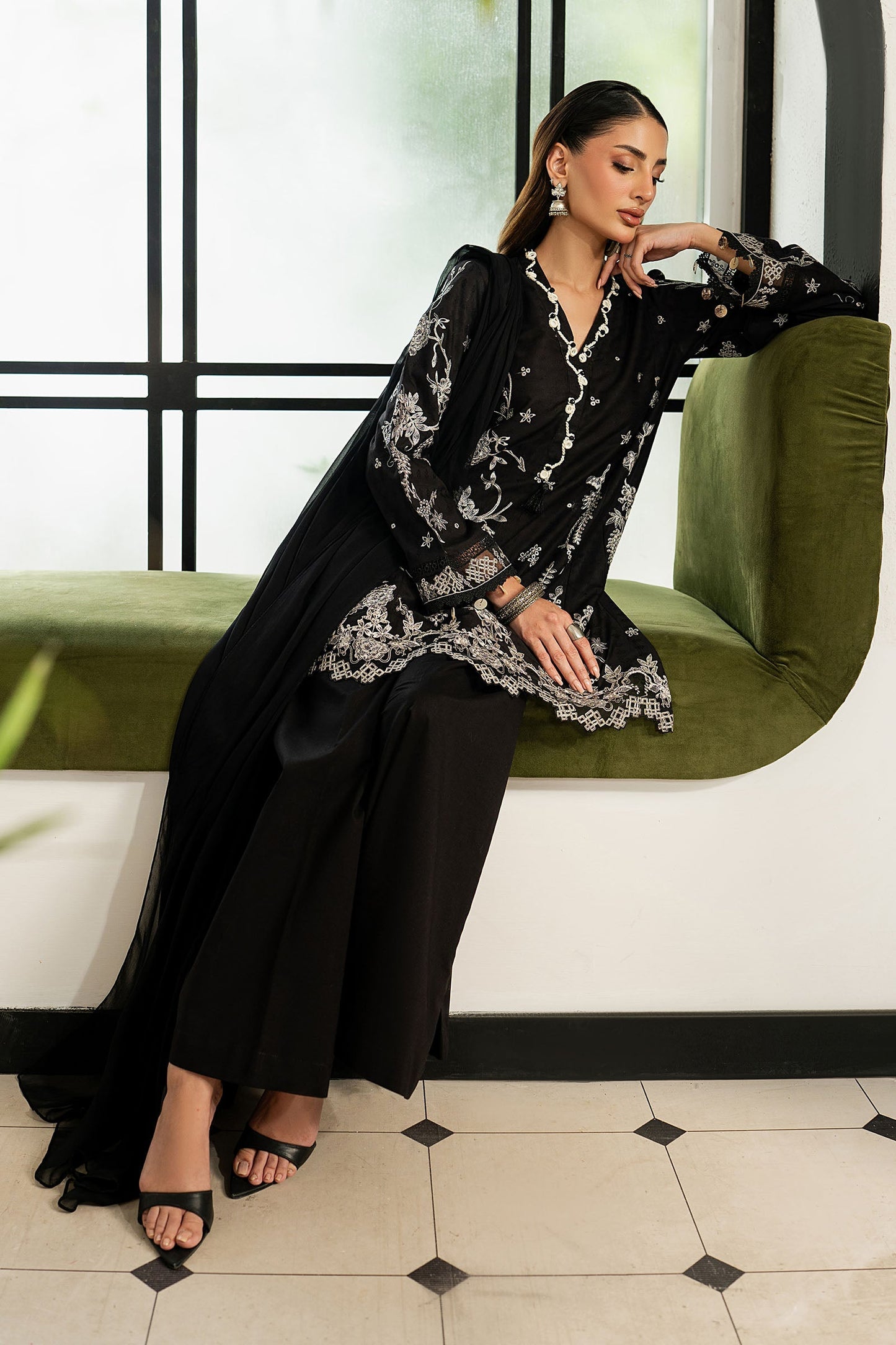 DW-MN26-08 | 3 Piece Embroidered Dobby Lawn Suit | MARIA.B