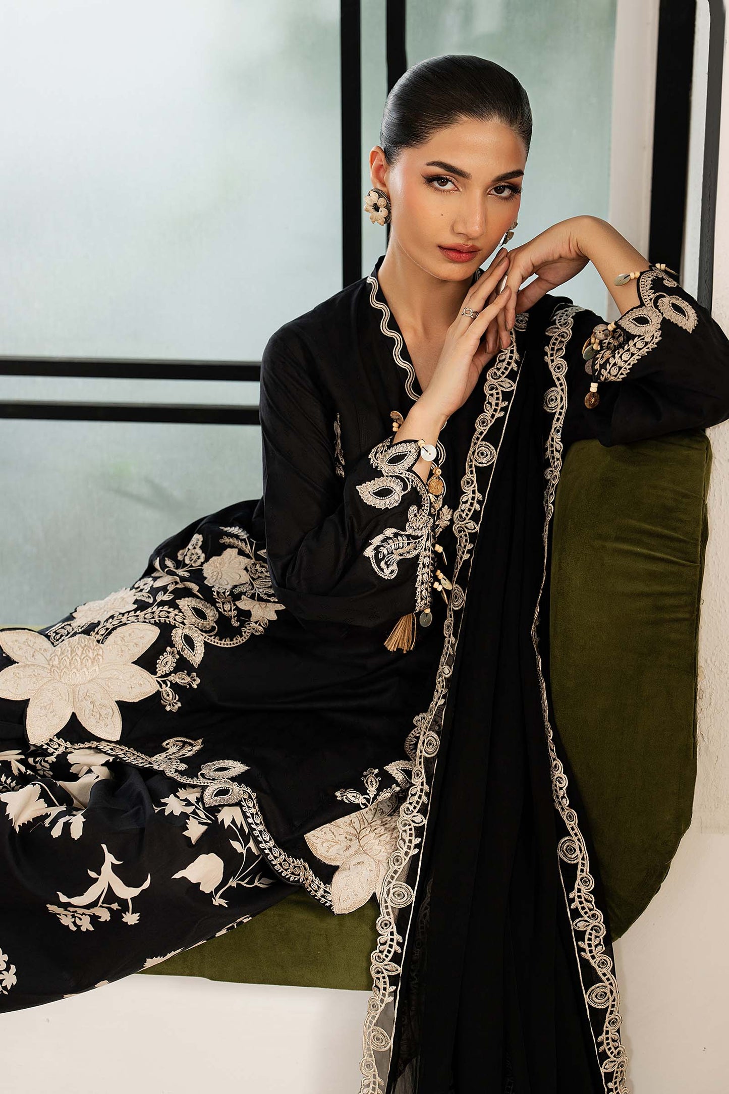 DW-MN26-10 | 3 Piece Embroidered Dobby Lawn Suit | MARIA.B