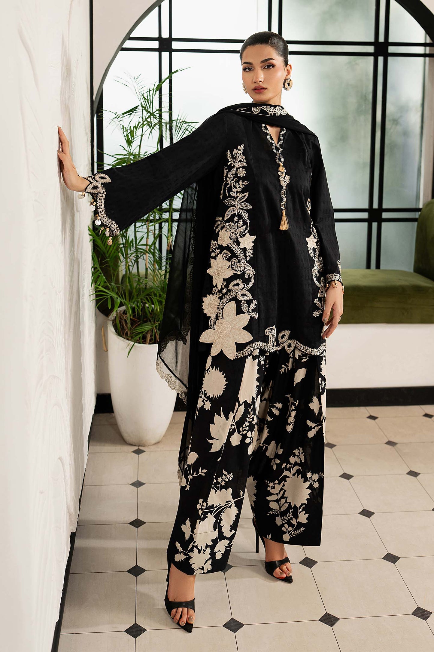 DW-MN26-10 | 3 Piece Embroidered Dobby Lawn Suit | MARIA.B