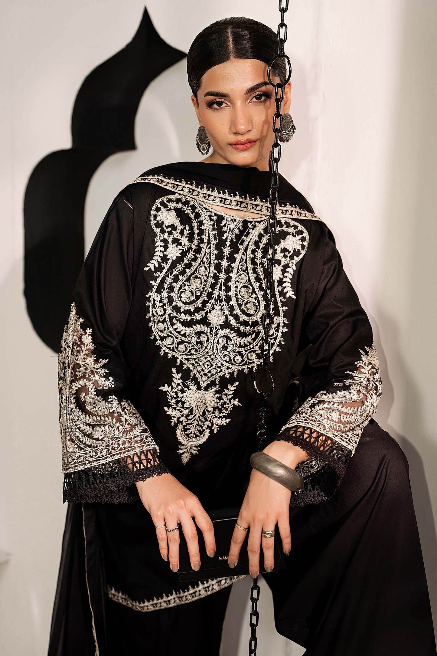 DW-MN25-12R1 | 3 Piece Embroidered Dobby Lawn Suit | MARIA.B
