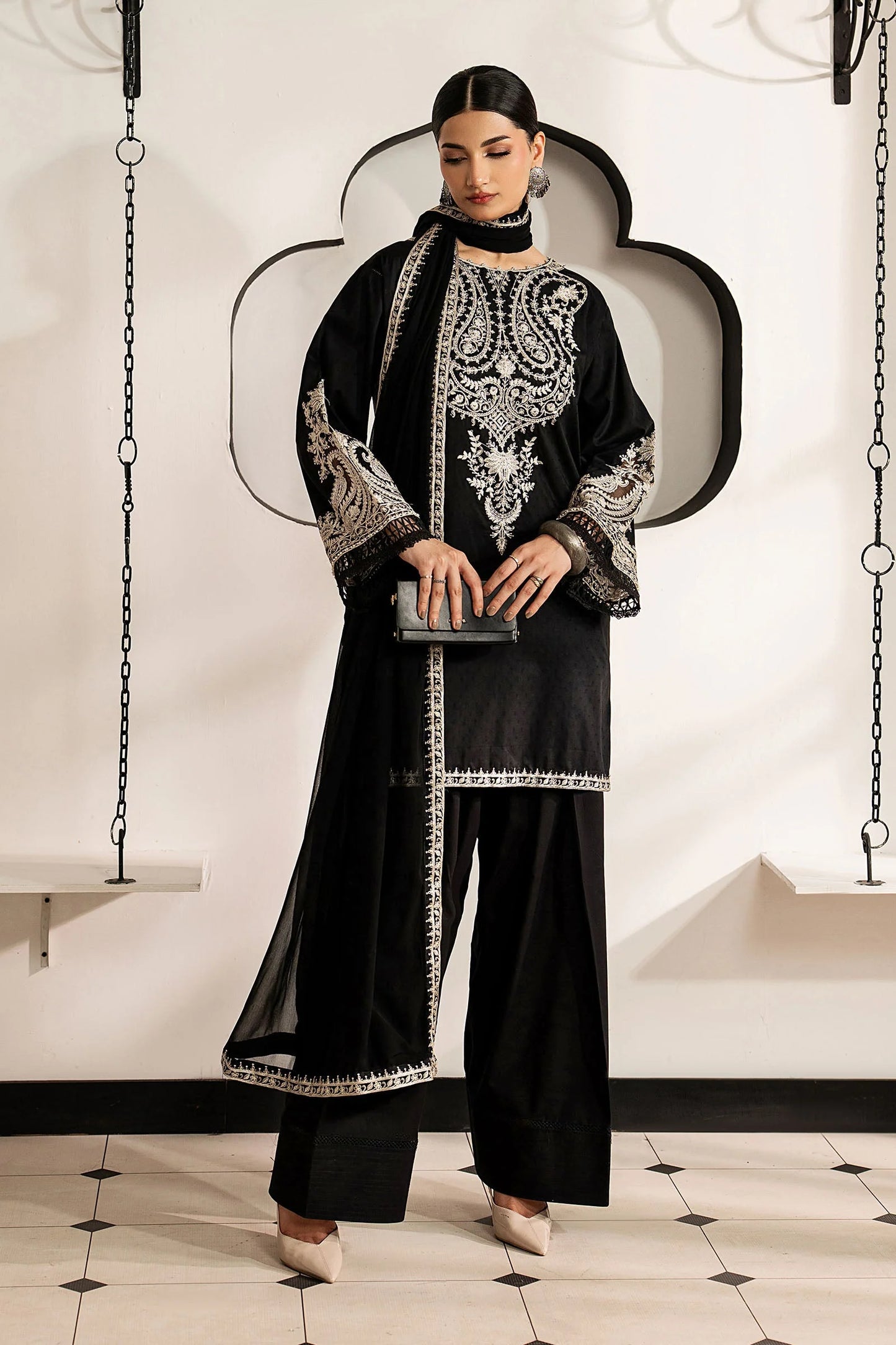 DW-MN25-12R1 | 3 Piece Embroidered Dobby Lawn Suit | MARIA.B