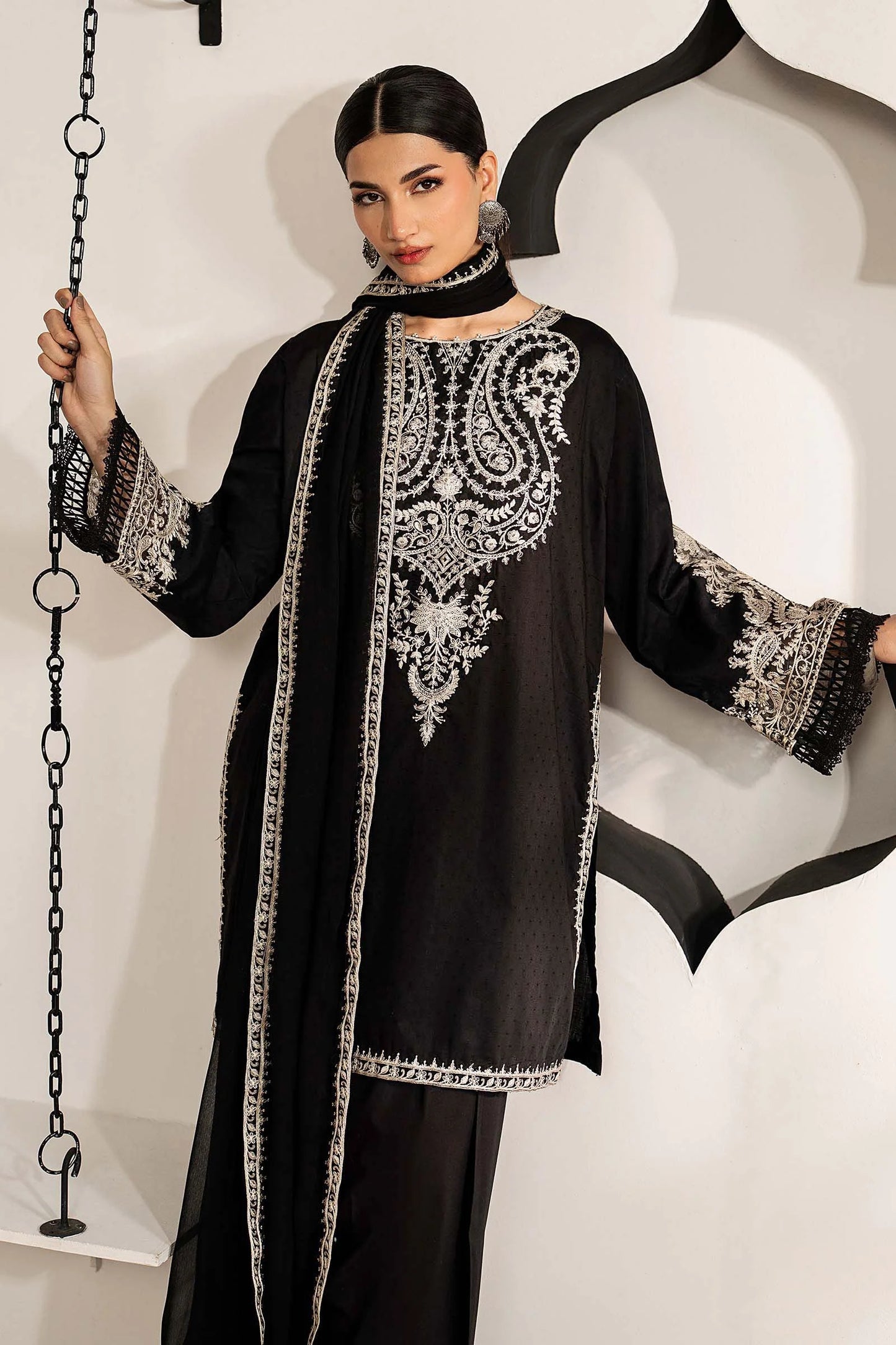 DW-MN25-12R1 | 3 Piece Embroidered Dobby Lawn Suit | MARIA.B