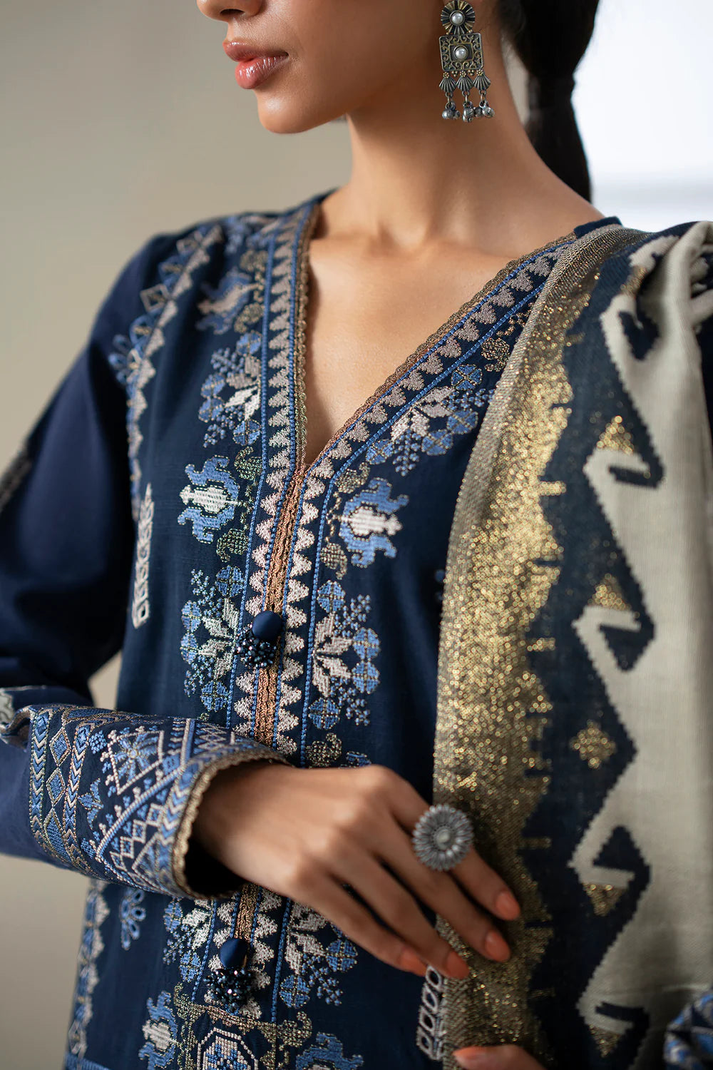 NAVY BLUE | E0802/203/619 | Unstitched Rozana A/W '25 Drop 2 | Ethnc