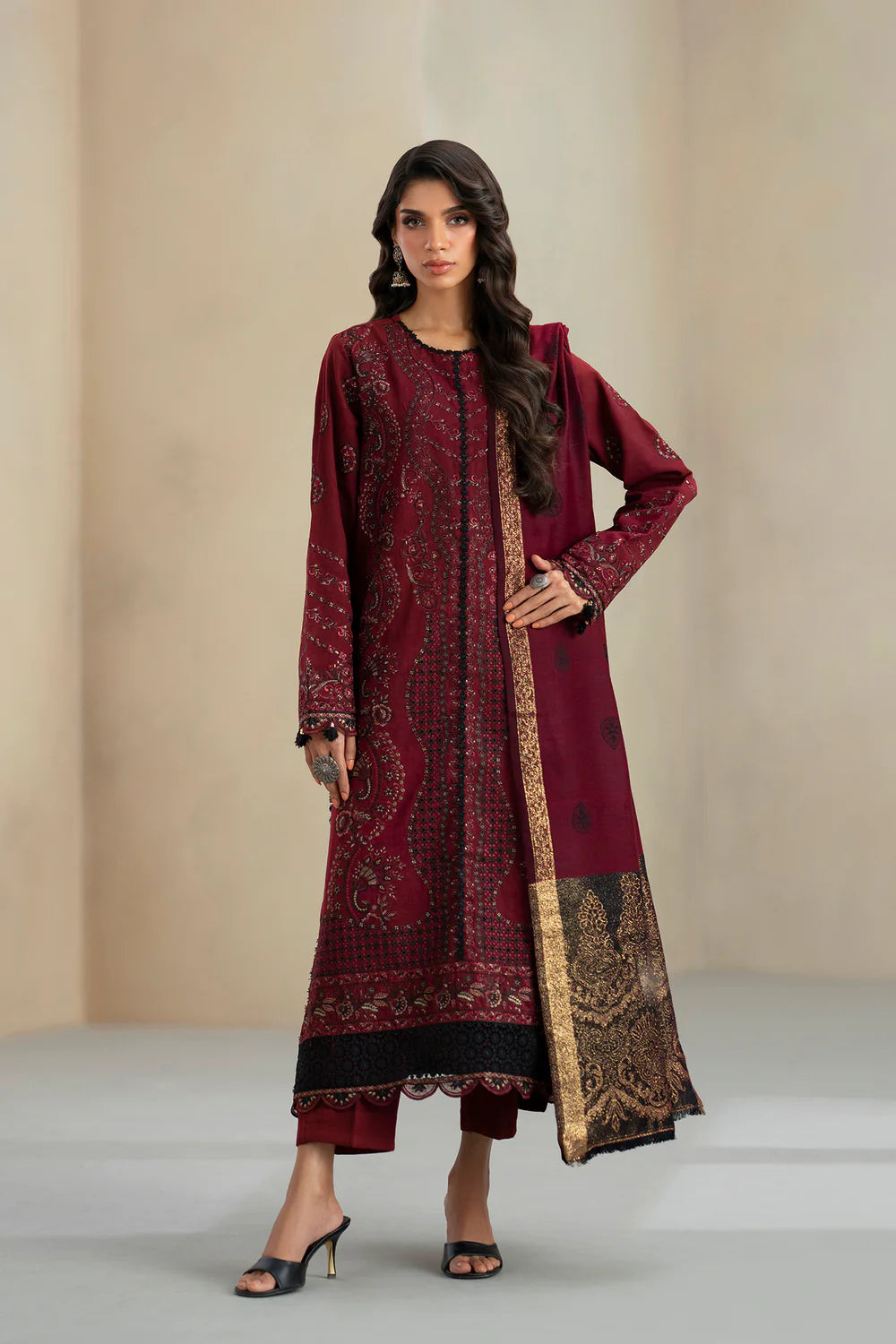 DEEP MAROON | E0804/203/302 | Unstitched Rozana A/W '25 Drop 2 | Ethnc