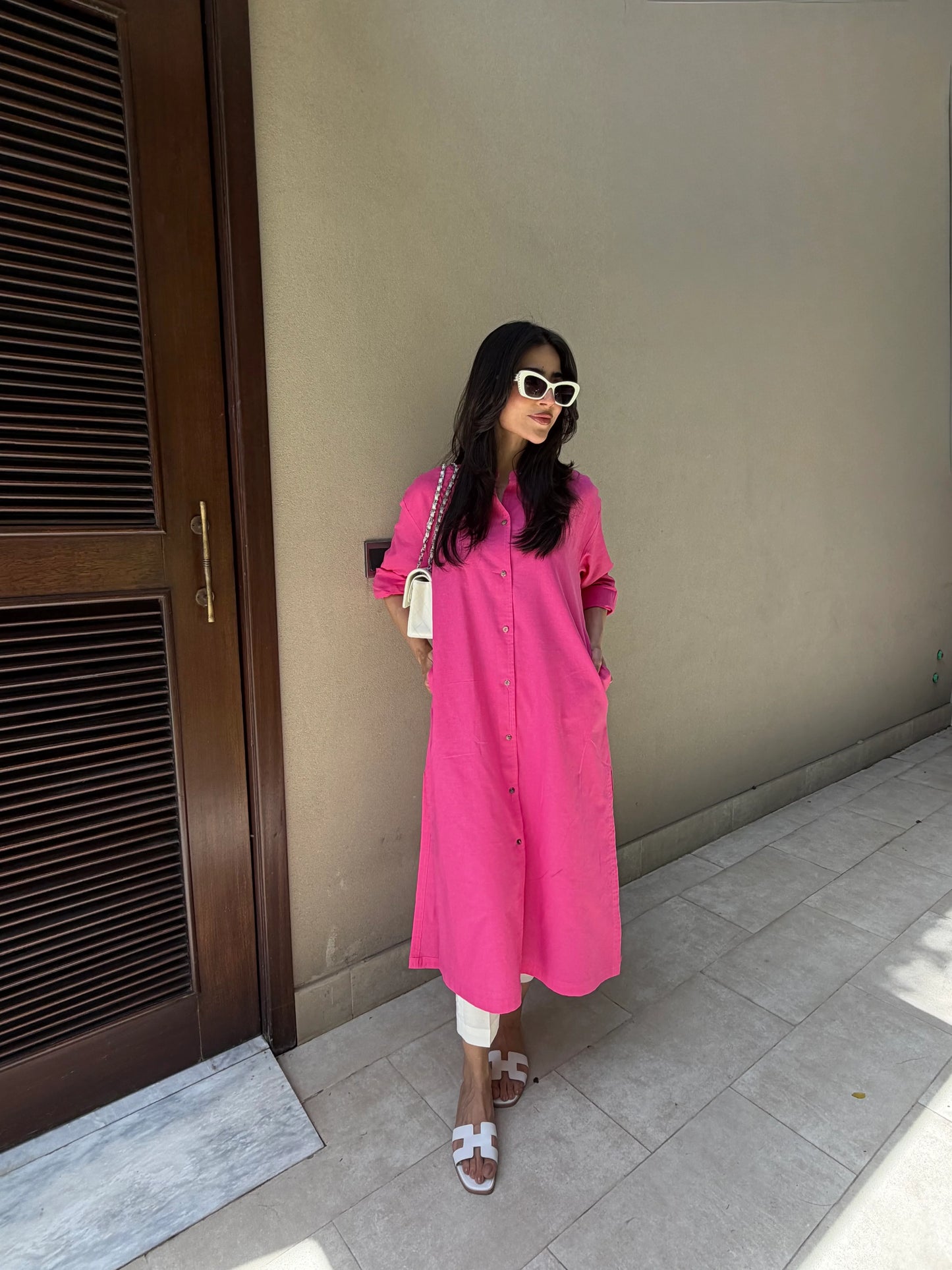 Oversized Linen Shirt Dress in Hot Pink | Sak Atelier