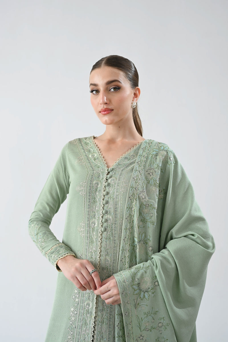 GLACIAL PASTEL GREEN LUXURY EMBROIDERED KARANDI SET (NEL-24627)| ZAIB