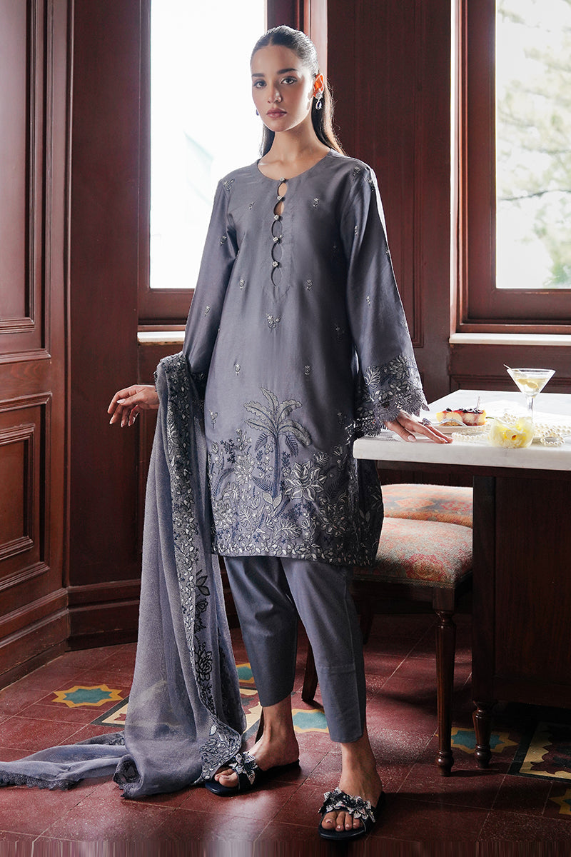 INDIGO BLOOM-3PC SATIN EMBROIDERED SUIT | Cross Stitch