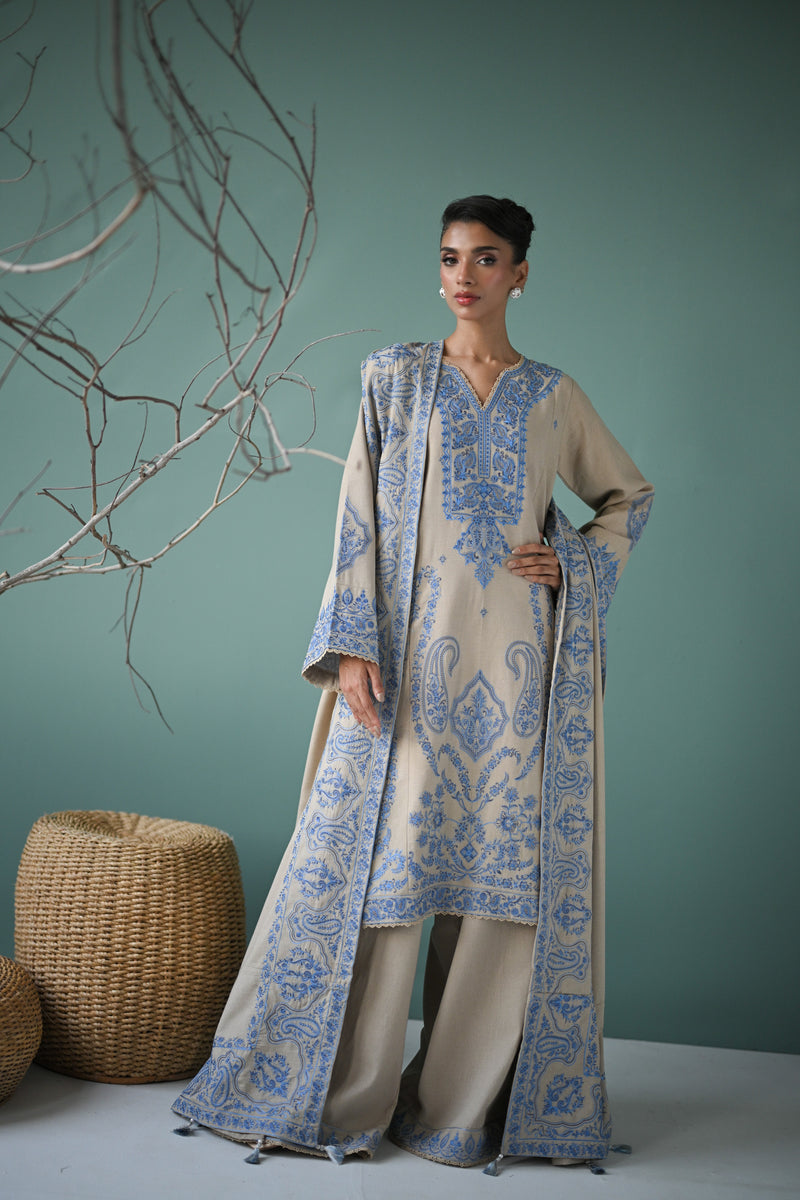 IVORY BEIGE LUXURY EMBROIDERED KARANDI SET (NEL-24638) | ZAIB