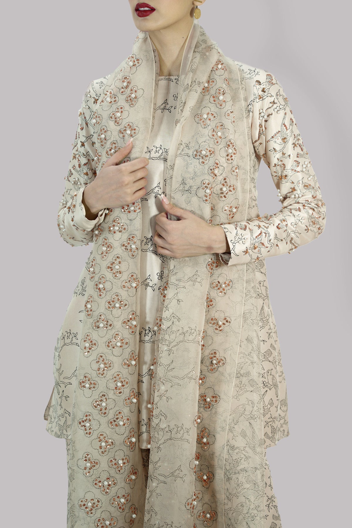 Lamb’s Wool Block Printed & Embellished Raw Silk Set | Muse Luxe