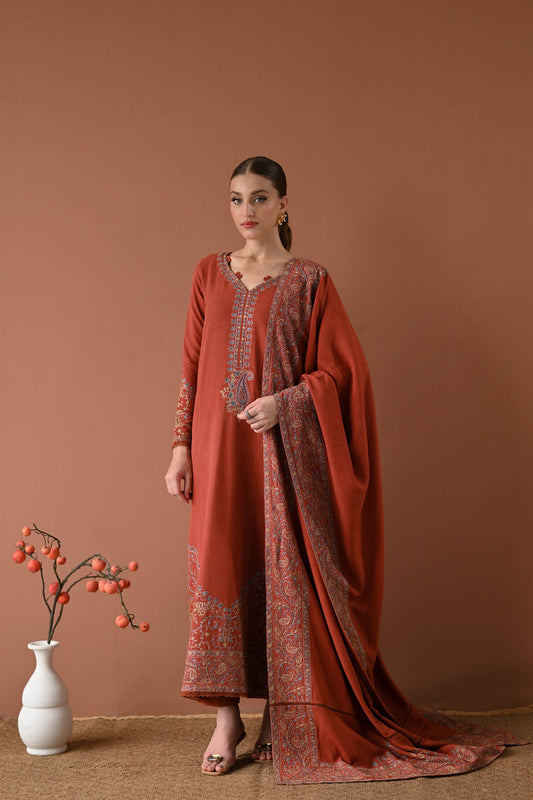 DEEP RUST LUXURY EMBROIDERED KARANDI SET (NEL-24634) | ZAIB