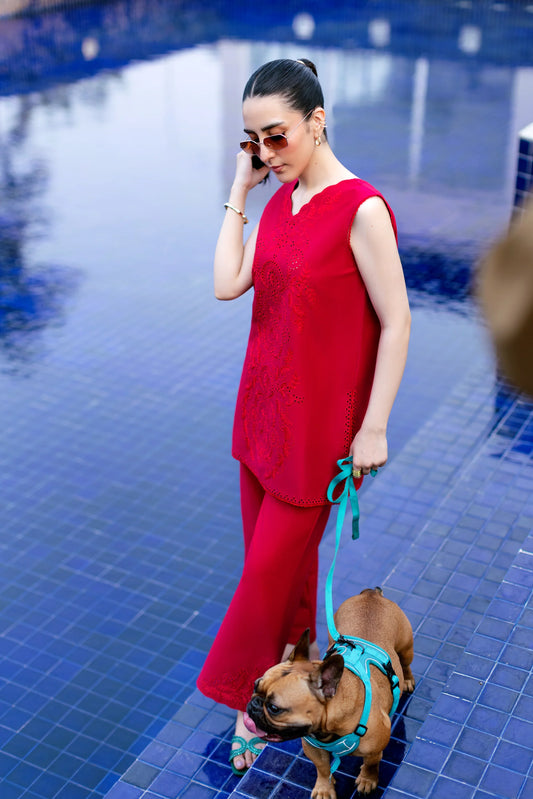 RASPBERRY RED LUXURY EMBROIDERED 2PCS SET (NPA2-25301) | ZAIB