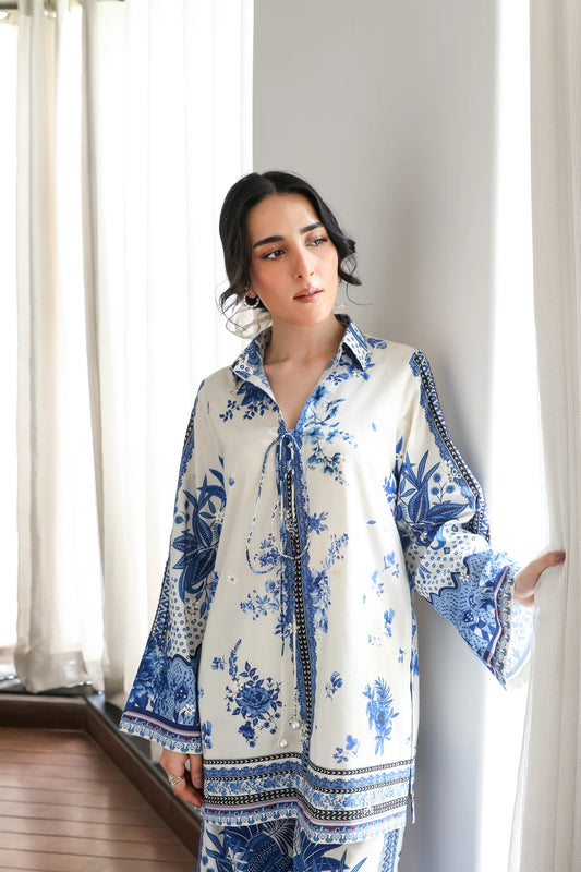 OFF-WHITE & BLUE LUXURY PRINTED 2PCS SET (NPA2-25308) | ZAIB