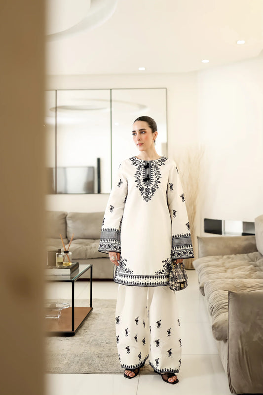 OFF-WHITE & BLACK LUXURY EMBROIDERED FARSHI SET (NPA2-25302) | ZAIB