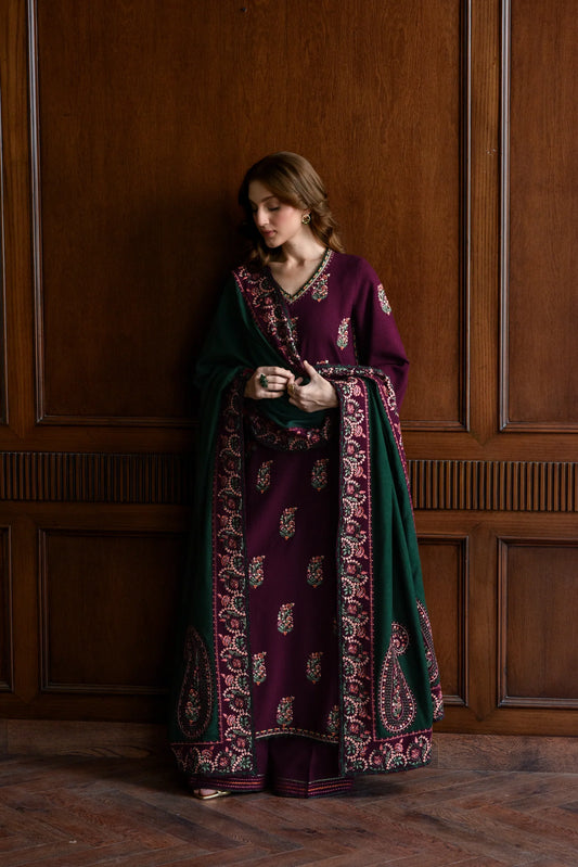 DEEP PLUM LUXURY EMBROIDERED KARANDI SET (NEL-25627) | ZAIB