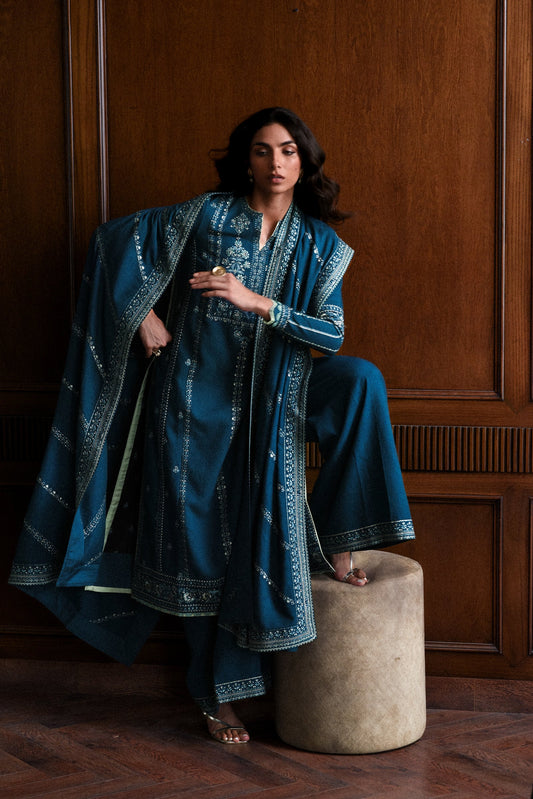 TEAL BLUE LUXURY EMBROIDERED KARANDI SET (NEL-25625) | ZAIB