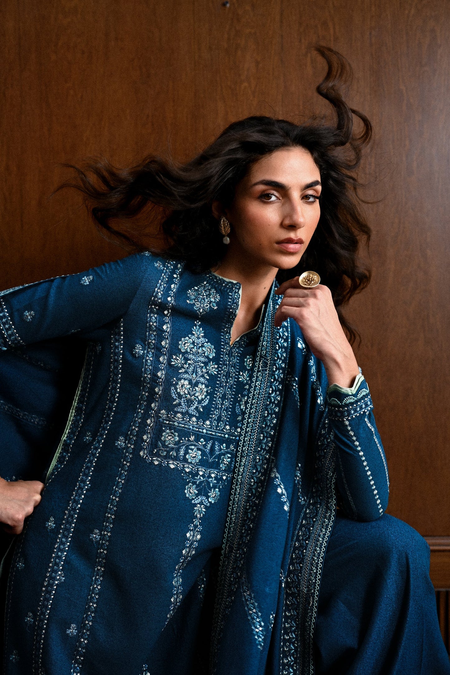 TEAL BLUE LUXURY EMBROIDERED KARANDI SET (NEL-25625) | ZAIB