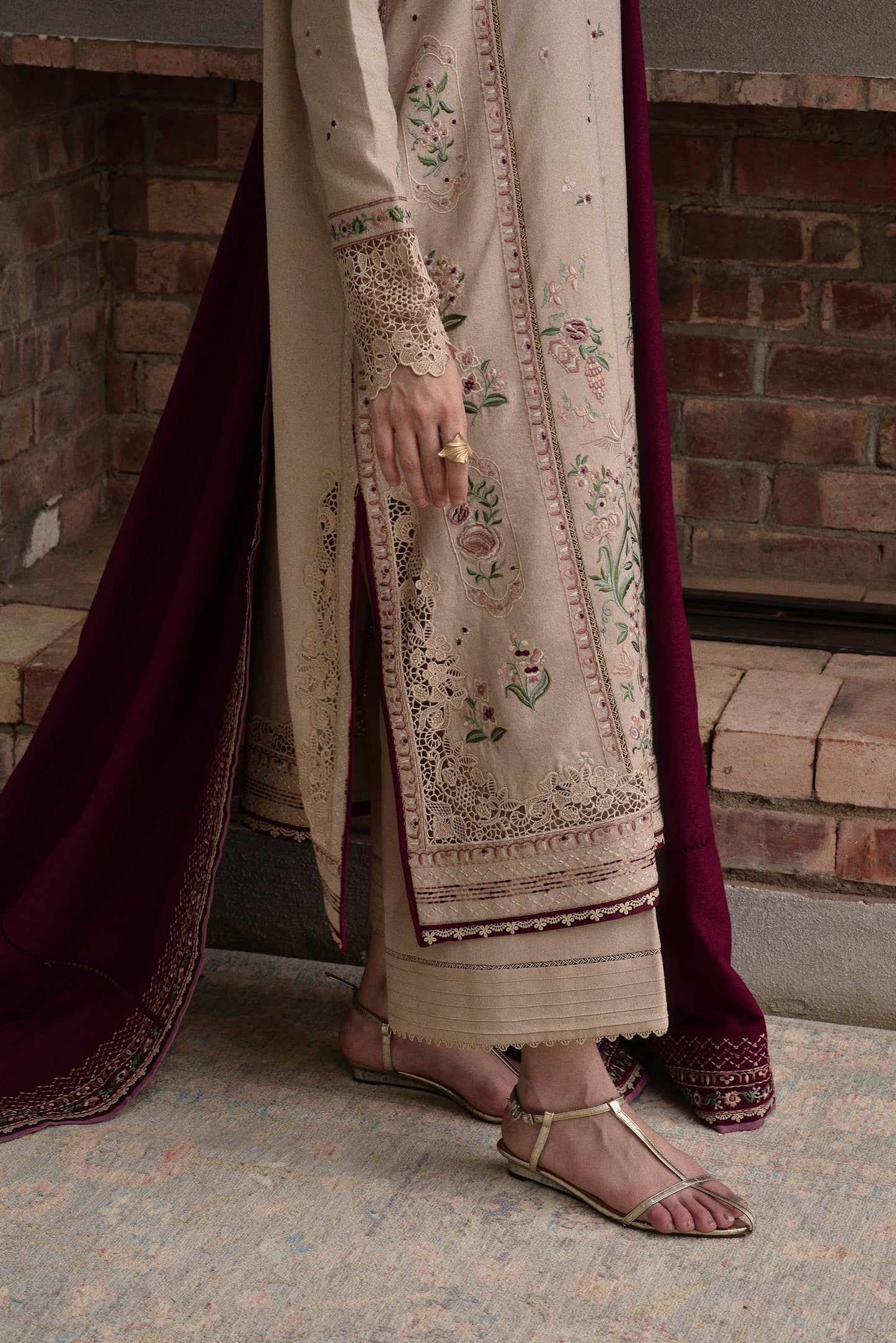 BEIGE & BURGUNDY LUXURY EMBROIDERED KARANDI SET (NEL-25628) | ZAIB