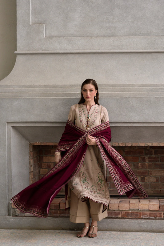 BEIGE & BURGUNDY LUXURY EMBROIDERED KARANDI SET (NEL-25628) | ZAIB