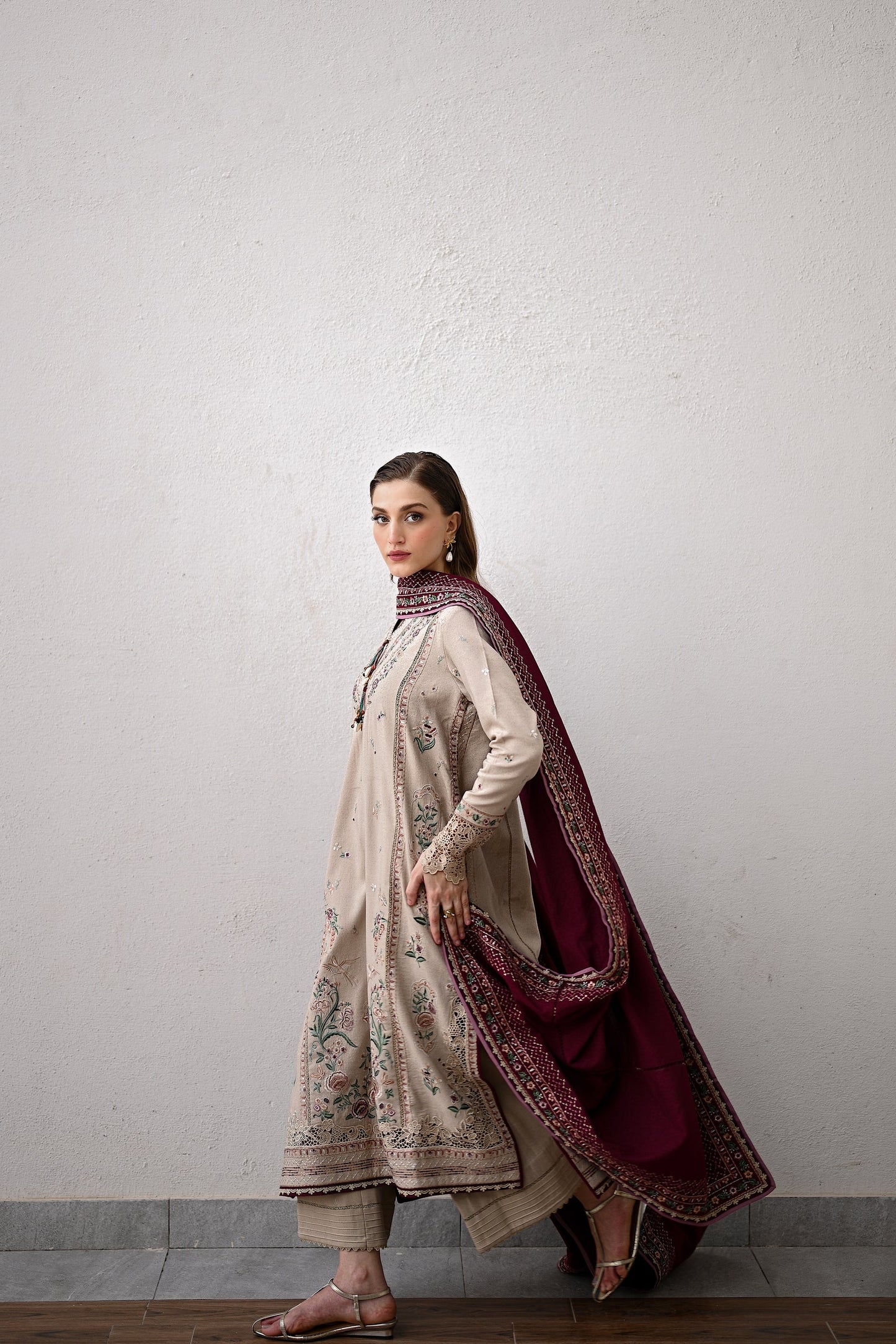 BEIGE & BURGUNDY LUXURY EMBROIDERED KARANDI SET (NEL-25628) | ZAIB