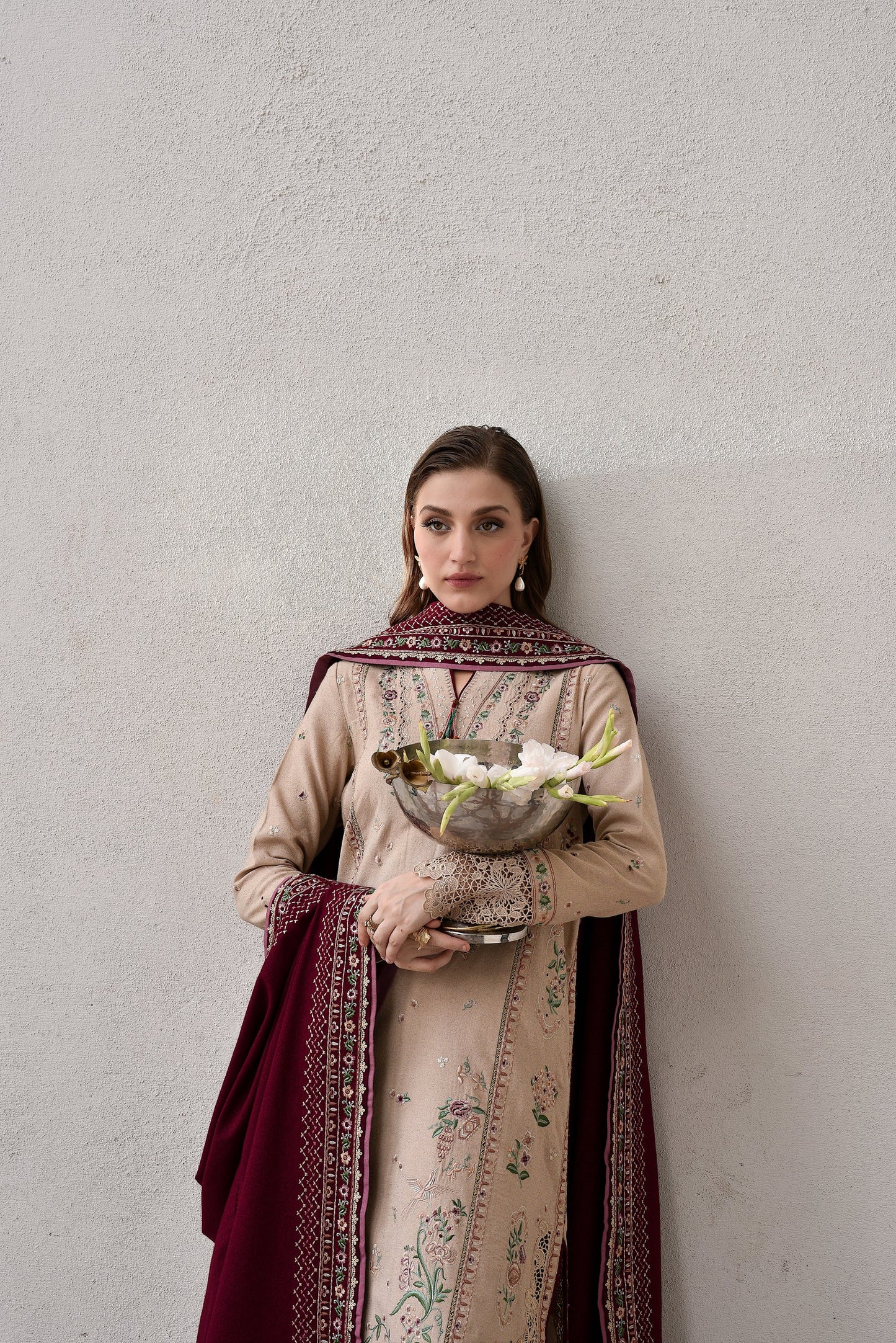 BEIGE & BURGUNDY LUXURY EMBROIDERED KARANDI SET (NEL-25628) | ZAIB